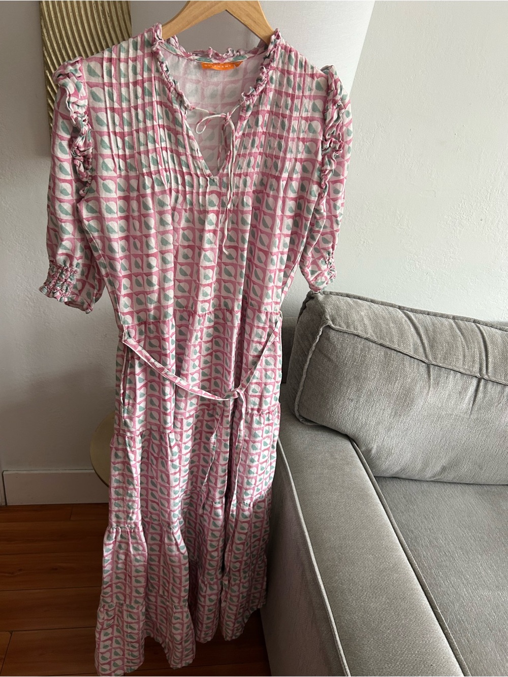 Oliphant Linen Tiered Geometric Maxi Dress S Short Sleeve Summer Cottagecore